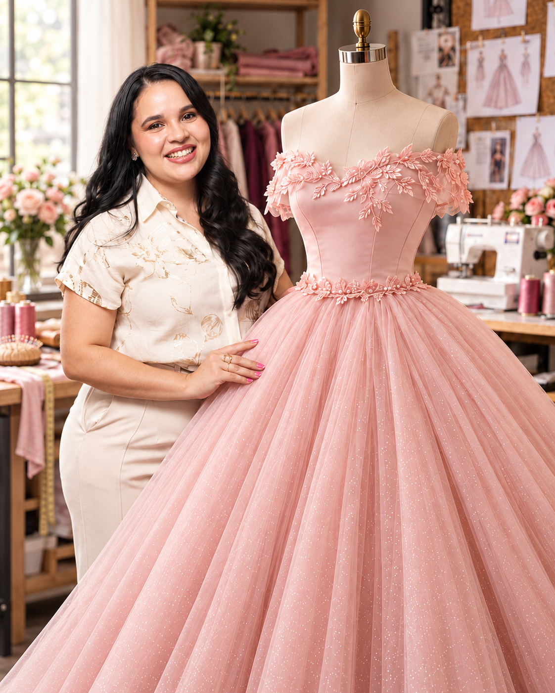 Beatriz junto a un vestido rosa de quinceaños, con la imagen elegida de su flyer