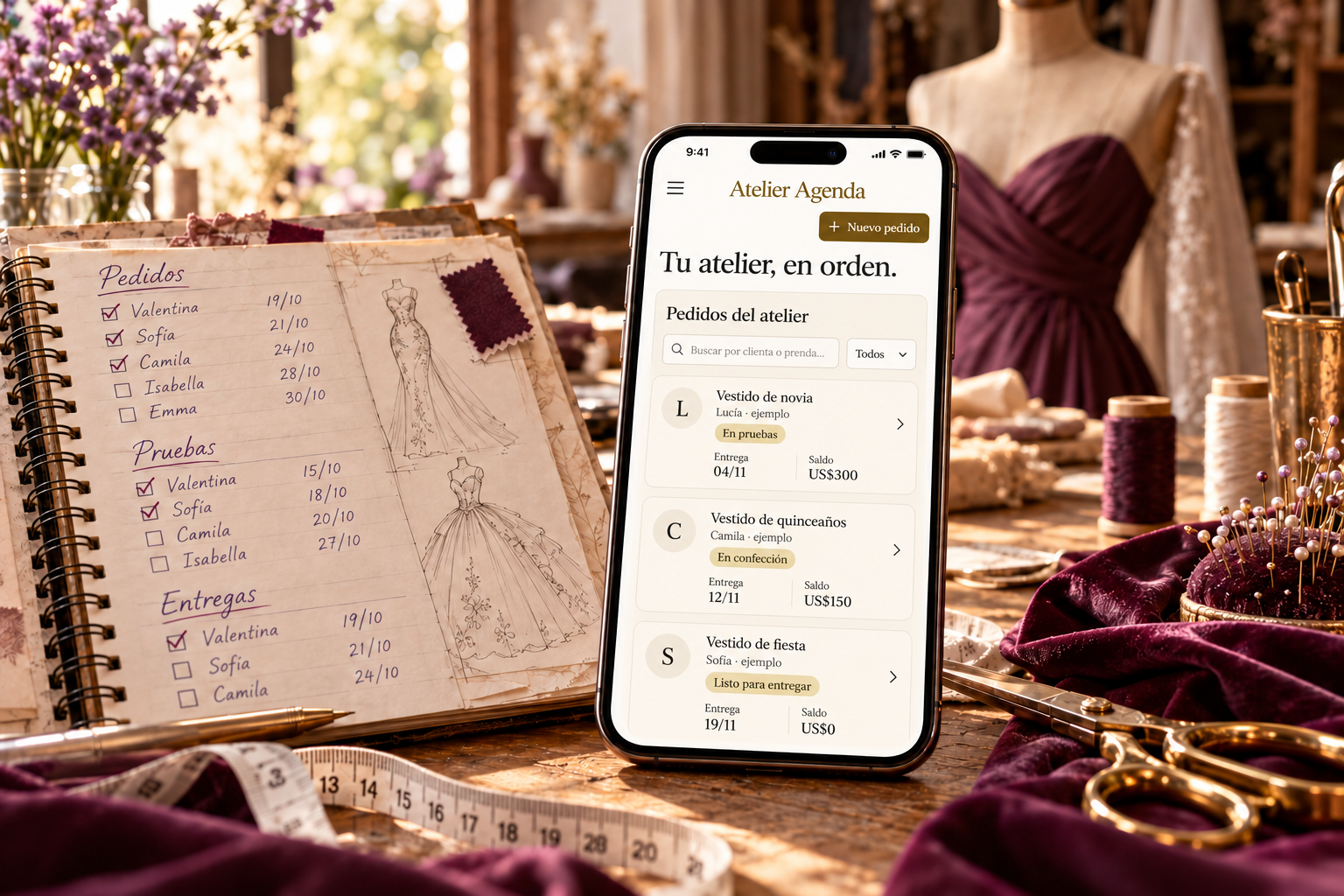 Atelier Agenda en un celular: pedidos con clienta, estado, fecha de entrega y saldo, sin fotografías de prendas